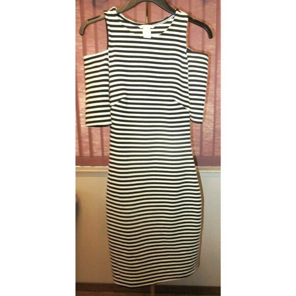 H&M Cold Shoulder Black White Stripes Fitted Bodycon Stretch Midi Dress XS Retro - Picture 1 of 7